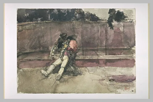 Le picador blessé, soutenu par deux hommes