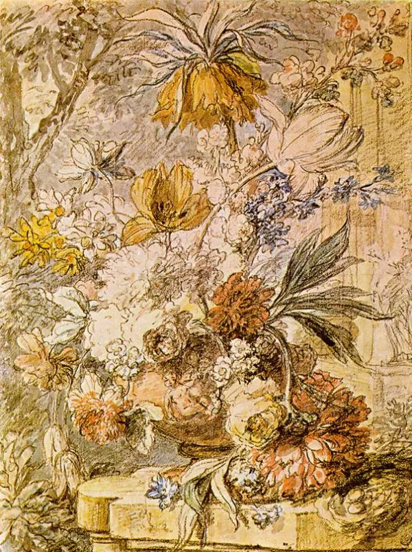 Vase de fleurs et un nid, sur un piédestal de pierre